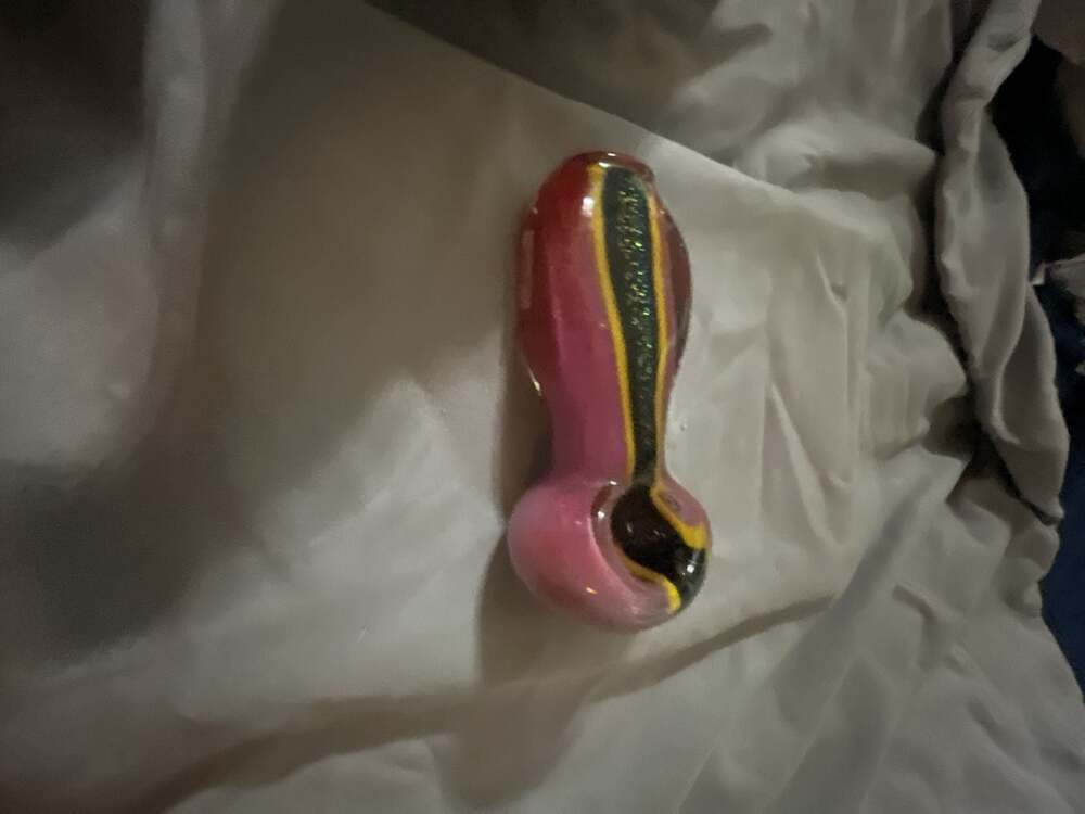 Pink and Black Glass Spoon Hand Pipe with Yellow Accents - Picture 4 of 7